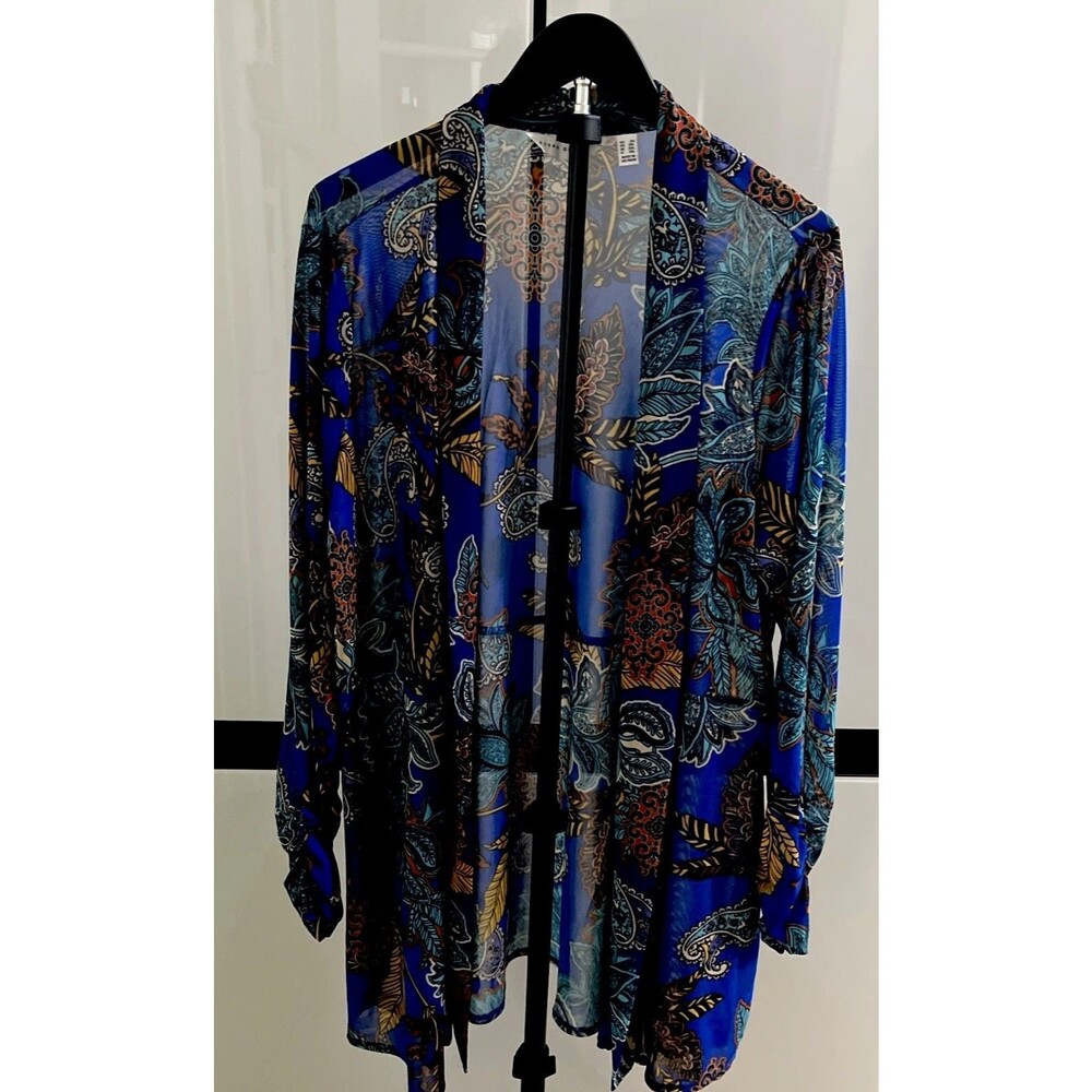 Susan Graver Sheer Mesh Cardigan Blue Paisley Open Front  Women’s Sz 2X
